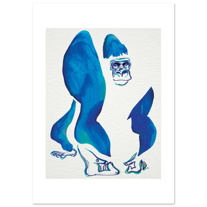 Bold and bright art print in blue watercolour and ink of a gorilla