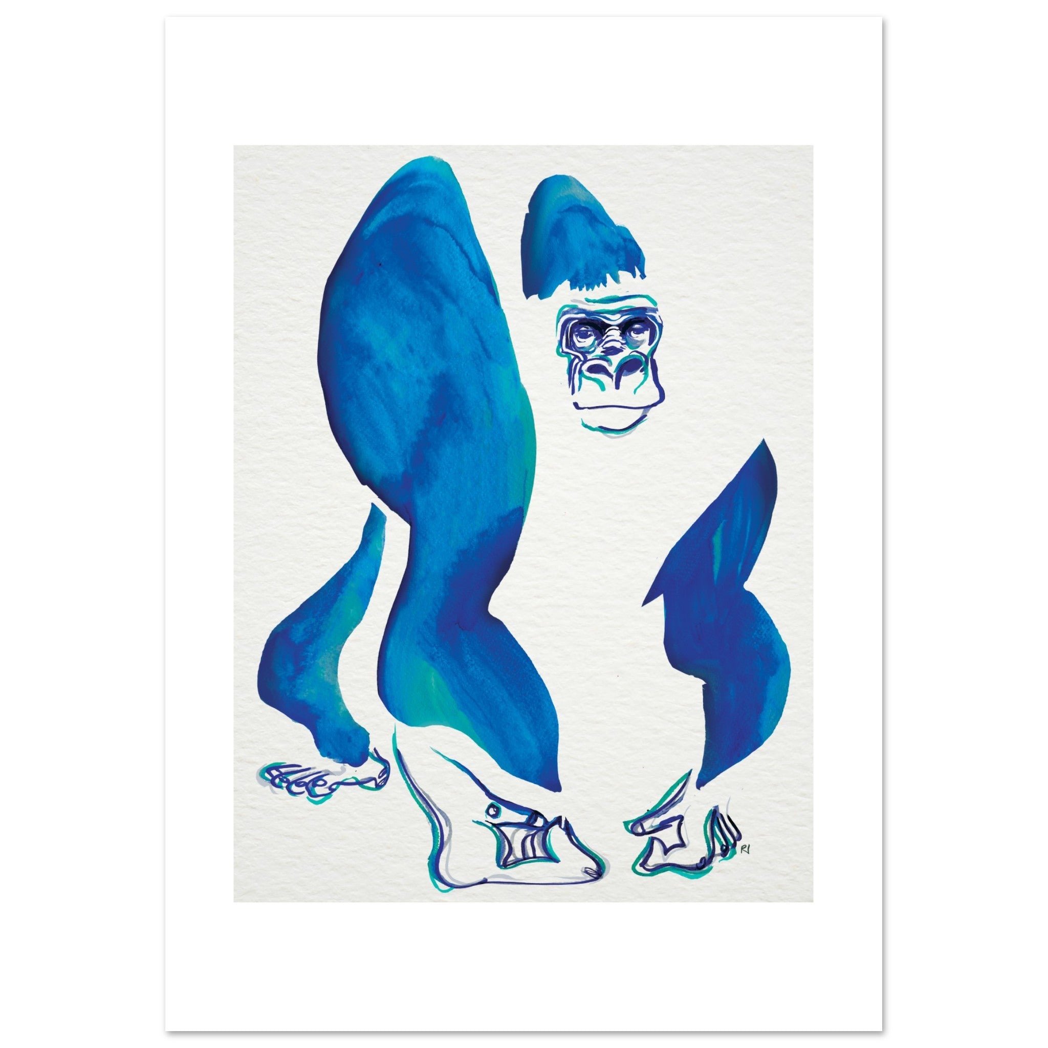 Bold and bright art print in blue watercolour and ink of a gorilla