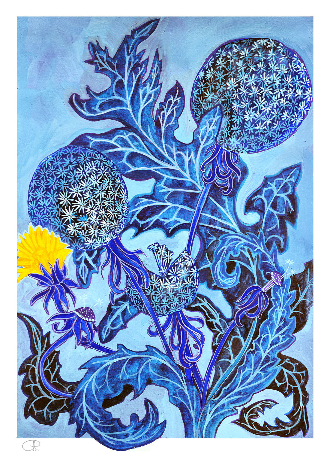 a high quality reproduction art print of an original hand painted with gouache and watercolour, of a dandelion. A vivid and bold botanical art print using blues and an expressive art style.