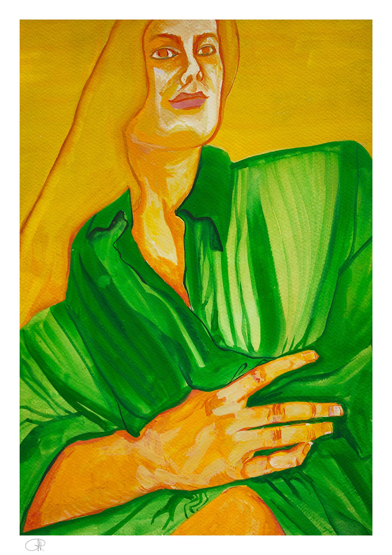 Inspired by the bold style of Egon Schiele, this self portrait is designed to depict the expressive nature of hands and fabric using a striking colour palette of deep yellow and greens. It&