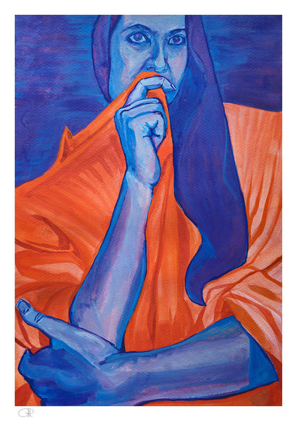 Portrait of a woman using blue violet and red, inspired by Egon Schiele, and the expressive nature of hands and fabric. 