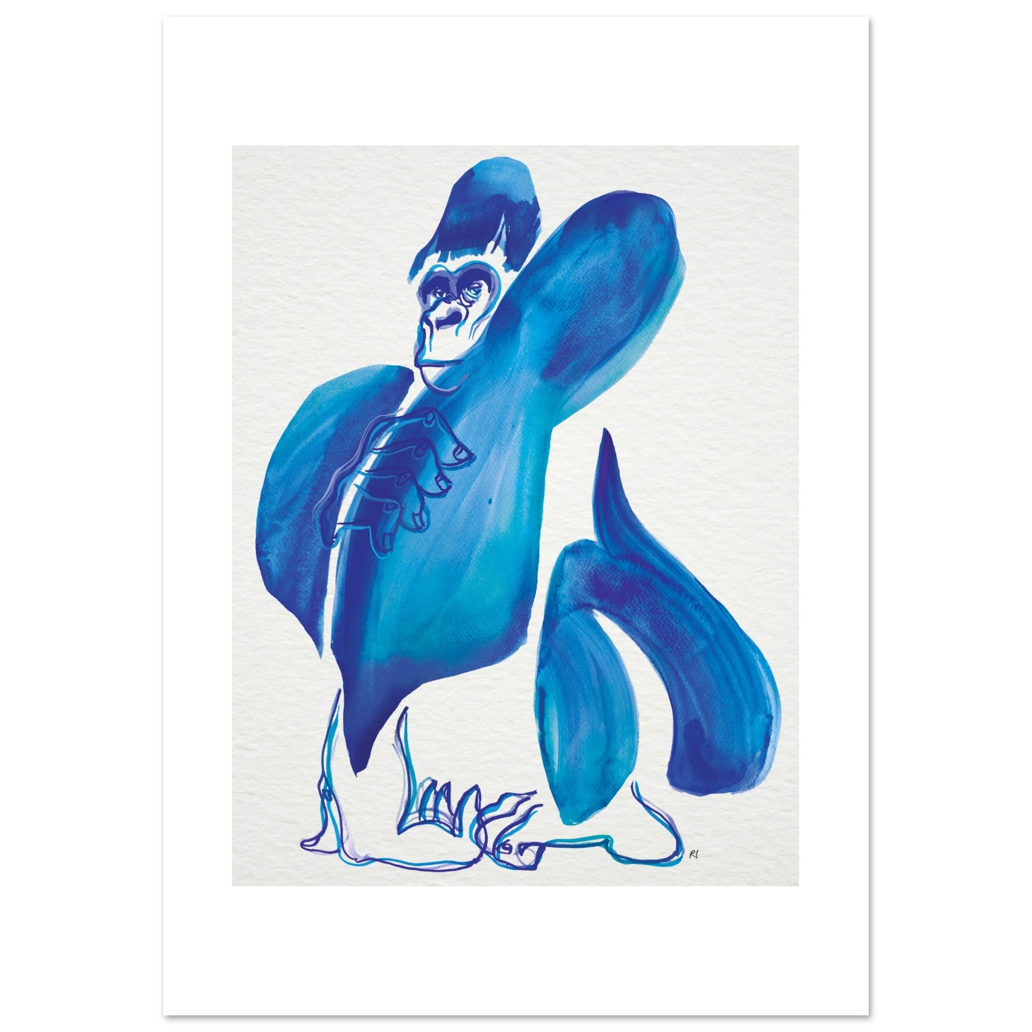 Bold and bright art print in blue watercolour and ink of a gorilla